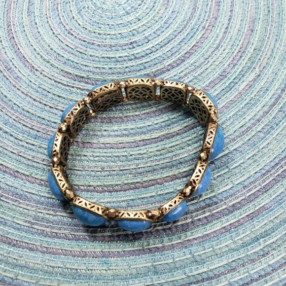 Fossil Stretch Square Blue Beaded Link Bracelet Dark Gold Hardware 7" - Picture 4 of 8
